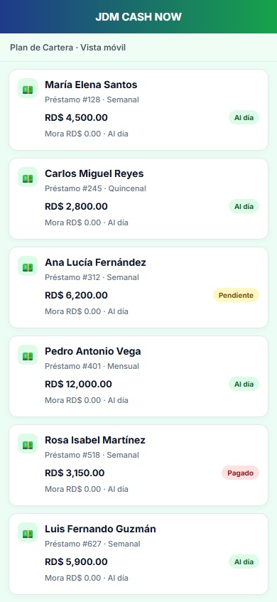 Vista móvil de JDM Cash Now en campo